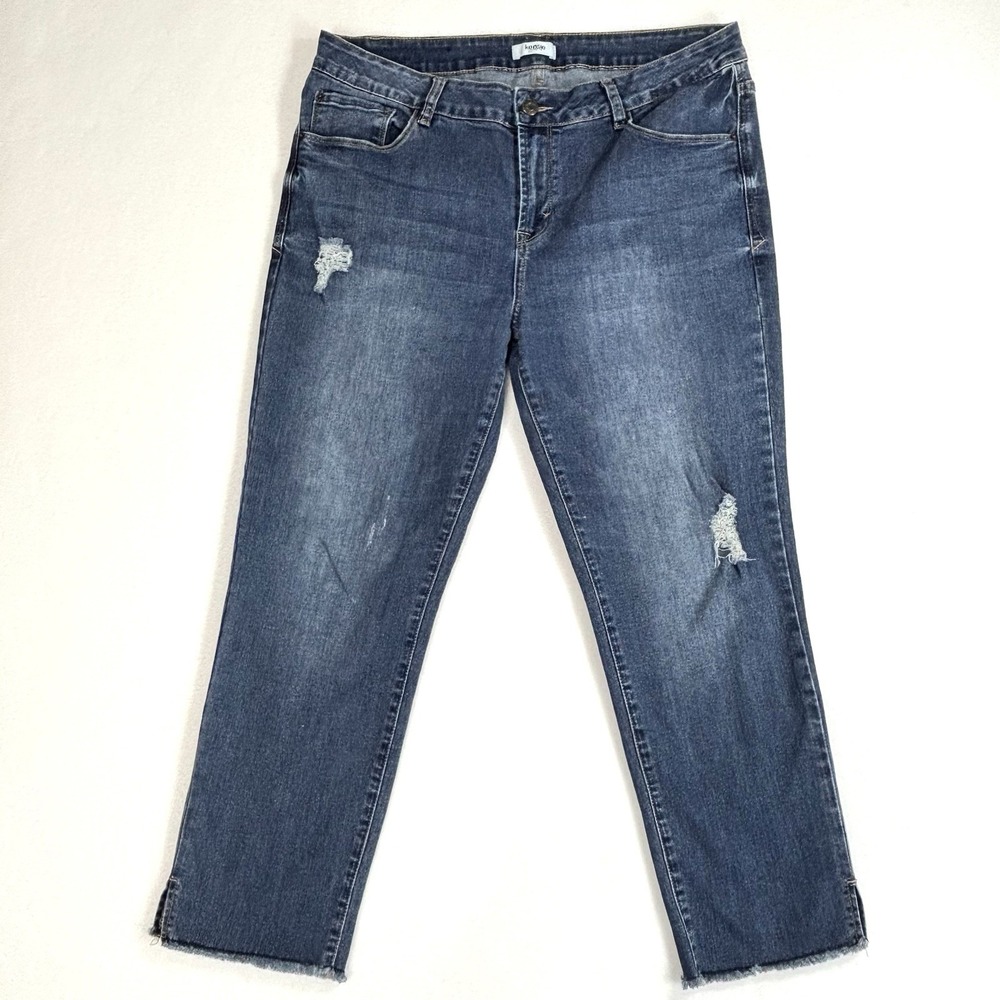 Kensie Jeans Womens 14/32 Distressed Skinny Frayed Hem Ankle Slit Med Wash Denim